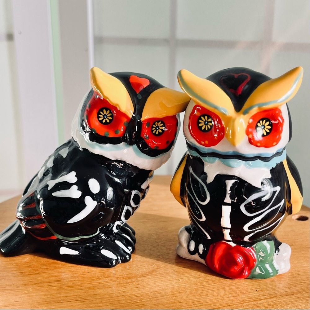 Sugar Skull Skeleton Owl Salt and Pepper Shakers Halloween Day of the Dead